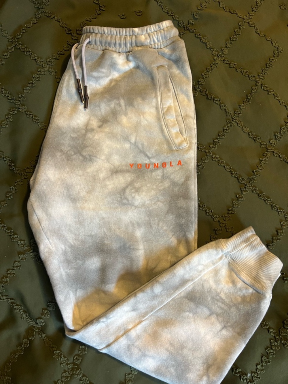 YoungLA Light Gray Tie-Dye Joggers with Orange Logo